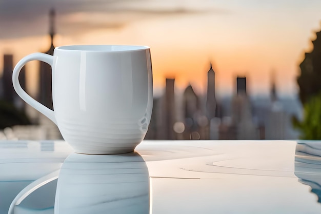 Una taza blanca con la palabra ciudad en ella