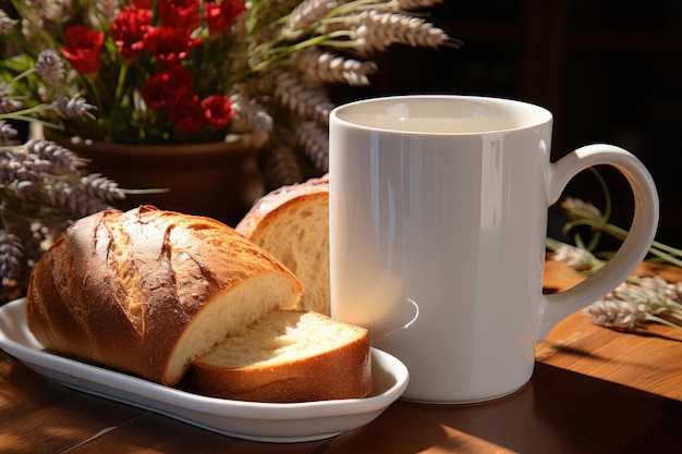 Una taza blanca y un pastel apetitoso sobre un fondo de verano