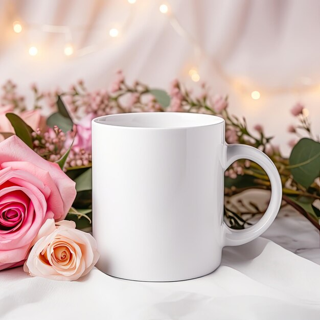 Foto una taza blanca con una rosa rosa y un ramo de rosas en una mesa