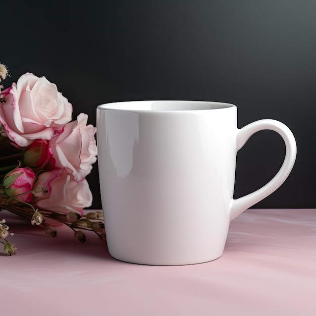 Una taza blanca con rosas rosadas al lado.