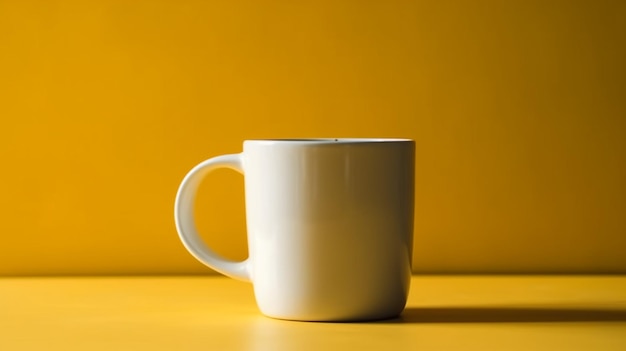 Una taza blanca se sienta en una mesa amarilla frente a un fondo amarillo.