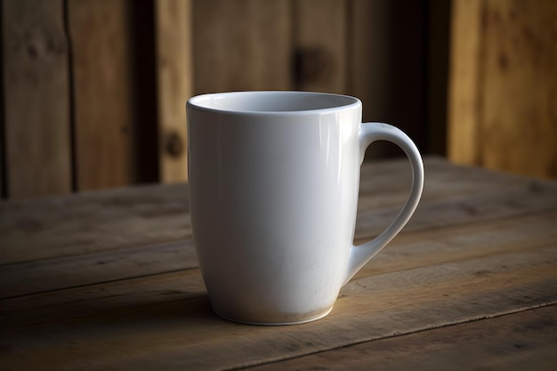 Una taza blanca se sienta sobre una mesa de madera en un granero.