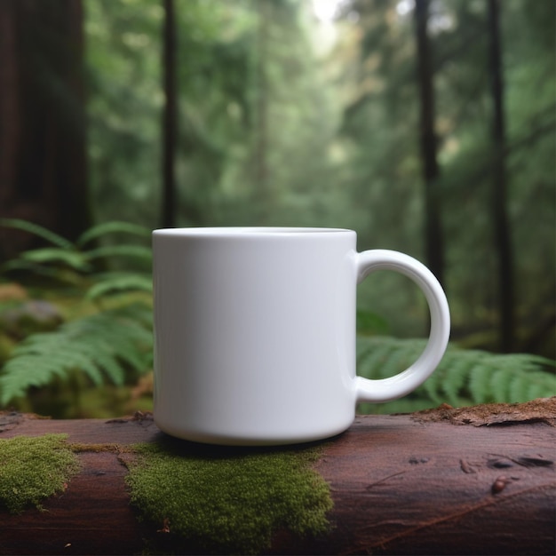 Una taza blanca se sienta en un tronco frente a un fondo forestal.