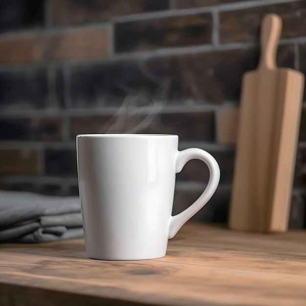 Taza blanca sobre fondo de cocina de madera con lugar para texto o logotipo AI generativo