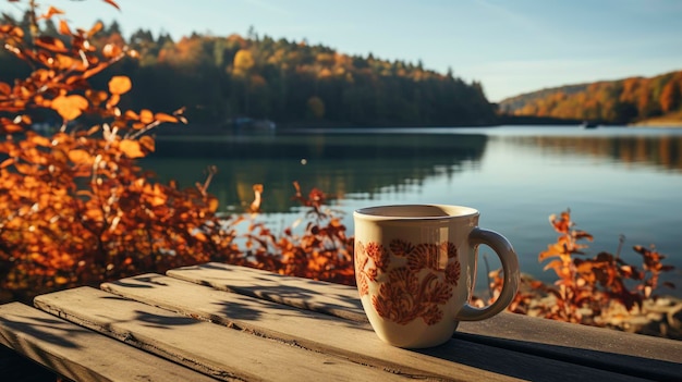 Taza blanca sobre mesa de madera fondo de noche de otoño