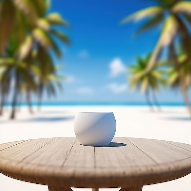 Una taza blanca sobre una mesa de madera en una playa con palmeras al fondo.