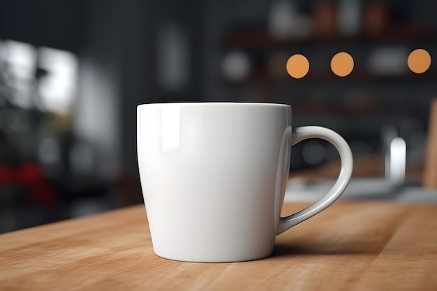 Una taza blanca sobre una mesa de madera en una sala de estar.