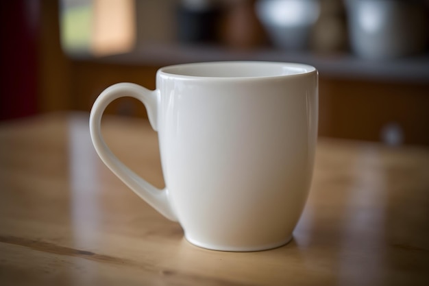 Una taza blanca sobre una mesa con una ventana al fondo.