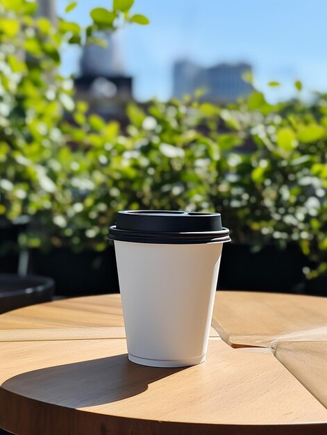 una taza blanca con una tapa negra se sienta en una mesa