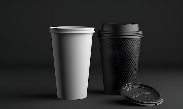 Una taza blanca con una tapa negra y una tapa negra están al lado de una taza de café negra.