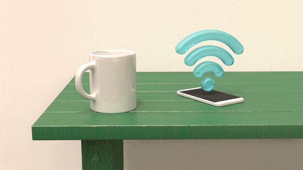 Foto taza blanca en el teléfono inteligente de la mesa verde y la representación 3d azul 3d del icono del wifi