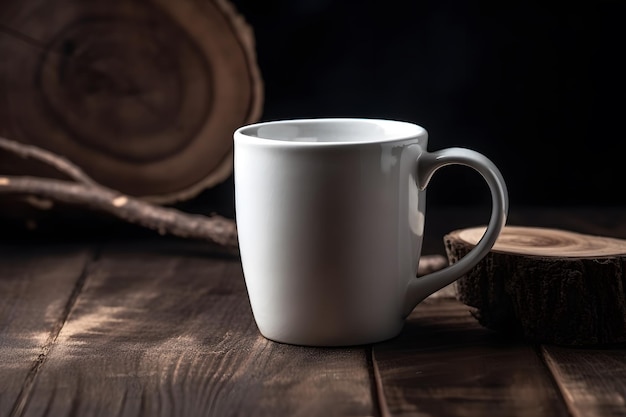 Taza blanca de temática rústica en un estudio de fotografía profesional con fondo de madera IA generativa