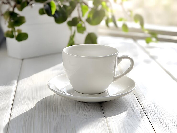 Una taza blanca vacía y un platillo en una mesa de madera blanca con una planta de la casa al lado