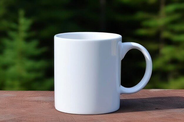 Taza en blanco maqueta 4 foto de producto de venta plana endecha fondo de bosque de foto ultra realista