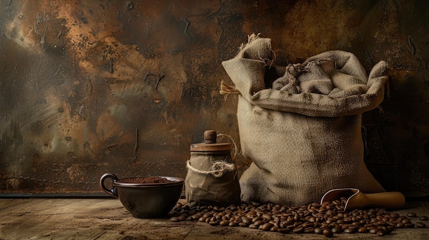 Una taza de bolsa de café y una cuchara en un fondo viejo y oxidado