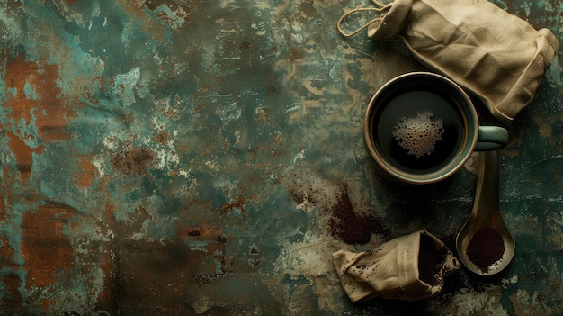 Una taza de bolsa de café y una cuchara en un fondo viejo y oxidado