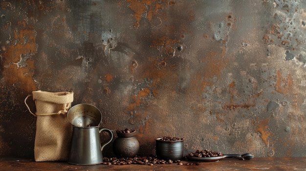 Una taza de bolsa de café y una cuchara en un fondo viejo y oxidado