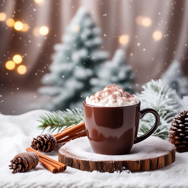 Taza de cacao caliente en fondo tejido con efecto de abeto y nieve