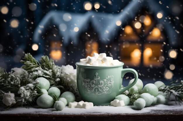 Taza de cacao caliente de Navidad con mini malvaviscos y crema Espacio para copiar