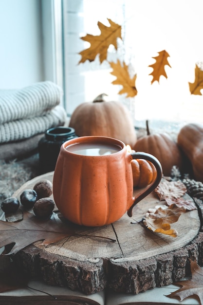 Una taza de cacao con decoración de otoño, calabazas y suéteres en el fondo de una ventana con hojas que caen