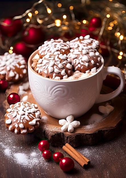 Una taza de cacao con malvaviscos y galleta de Navidad en la mesa de Año Nuevo