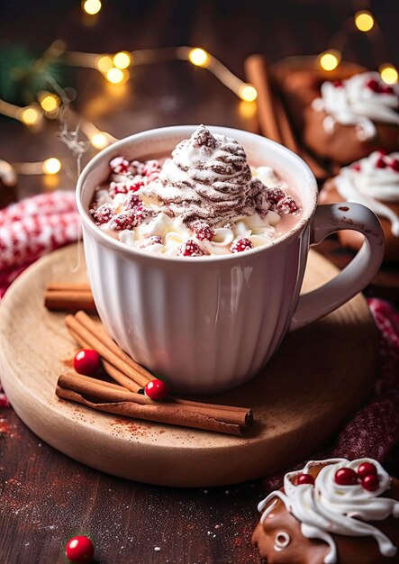 Una taza de cacao con malvaviscos en una mesa de Año Nuevo sobre un fondo de madera Tarjeta vertical acogedora de Navidad