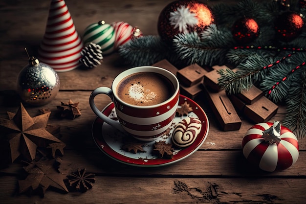 Taza de café y adornos navideños en una mesa de madera