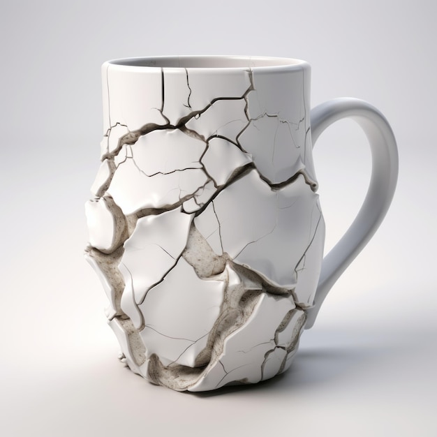 Taza de café agrietada 3D Rendering naturalista con núcleo de dientes y humor de ingenio seco