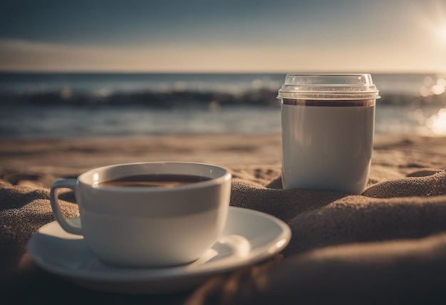 Una taza de café aislada en la playa con un horizonte marino detrás