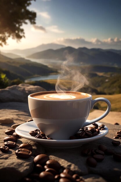 Taza de café al aire libre de las montañas