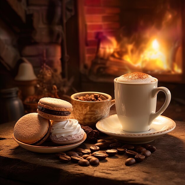 una taza de café al lado de una tazón de café y galletas