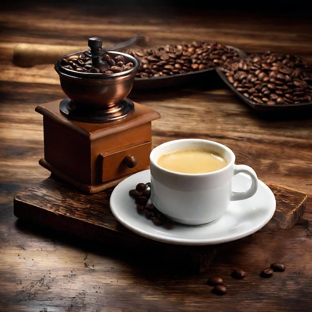 Foto una taza de café al lado de una tazón de café y una olla de café
