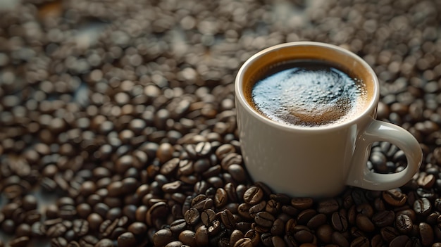 Taza de café al vapor en una cama de granos de café cálido aromático ideal para los menús de cafetería elegancia simple capturado atmósfera acogedora concebida por la IA