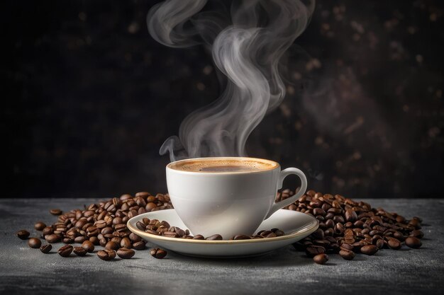 Una taza de café al vapor con frijoles tostados