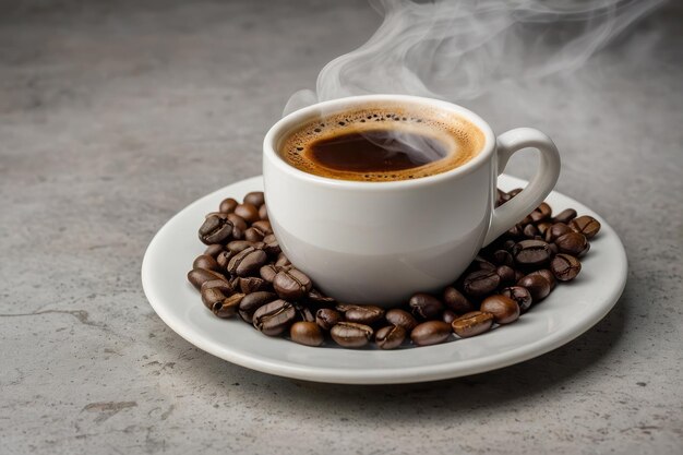 Foto una taza de café al vapor con frijoles tostados