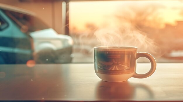 Una taza de café al vapor en una furgoneta vida caravana viviendo la vida lenta Ai Generative