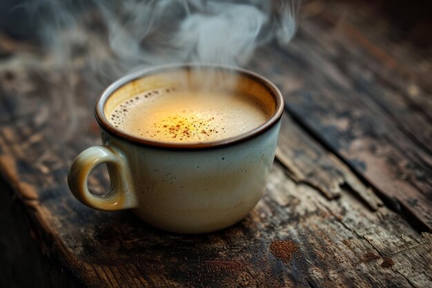 Una taza de café al vapor en una mesa de madera rústica con un ambiente vintage