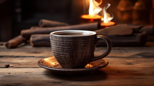 Una taza de café al vapor en una mesa de madera