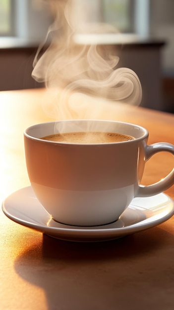 Una taza de café al vapor en un platillo en un entorno acogedor