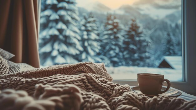 Foto una taza de café en un alféizar mirando a un bosque nevado la manta es un tejido blando y grueso y el café está humeando