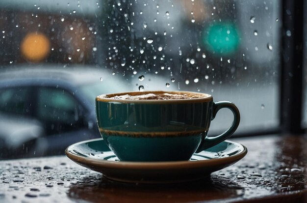 Taza de café en el alféizar de la ventana durante el rai