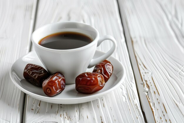 una taza de café y algunas fechas en un platillo en una mesa de madera blanca