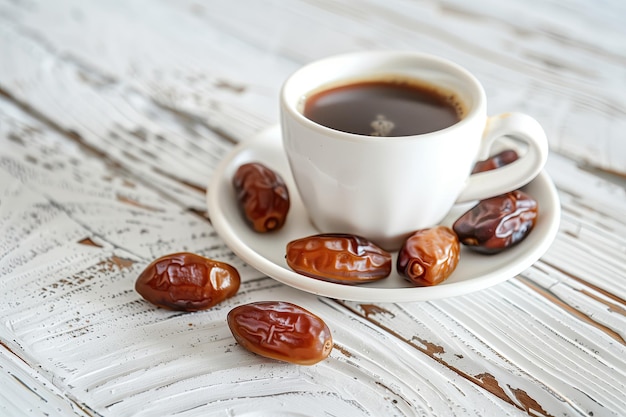 una taza de café y algunas fechas en un platillo en una mesa de madera blanca