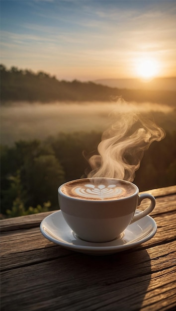 una taza de café con el amanecer en el fondo