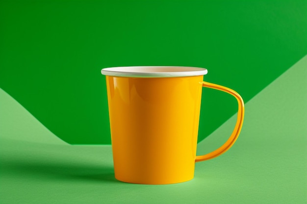 una taza de café amarilla con fondo verde con fondo verde