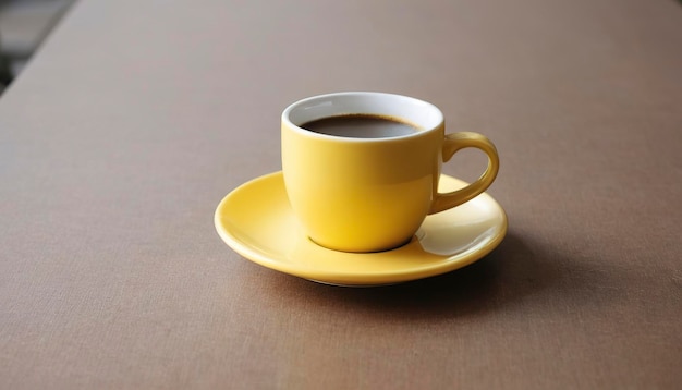 Taza de café amarilla en la mesa con espacio para copiar