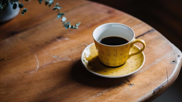 Taza de café amarilla en la mesa