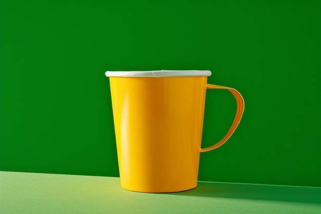 una taza de café amarilla con una tapa blanca se sienta en una mesa verde