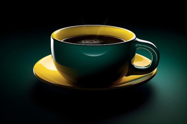 Una taza de café amarilla y verde se sienta en un platillo con un fondo negro.