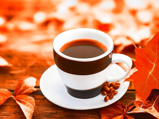 Taza de café anidada entre las hojas de otoño en una mesa de madera con un otoño suavemente borroso